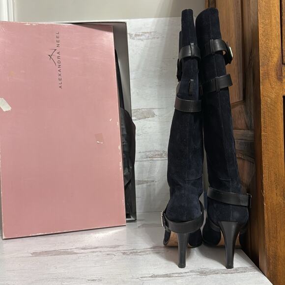 Used Alexandra Neel Navy Suede Boots with strappy detail - Picture 3 of 8